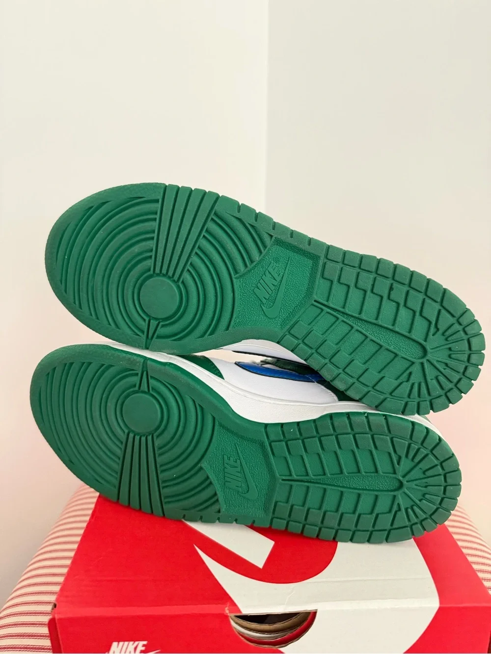 Nike Kids Low-Top Sneakers — White, Green & Red with Blue Swoosh